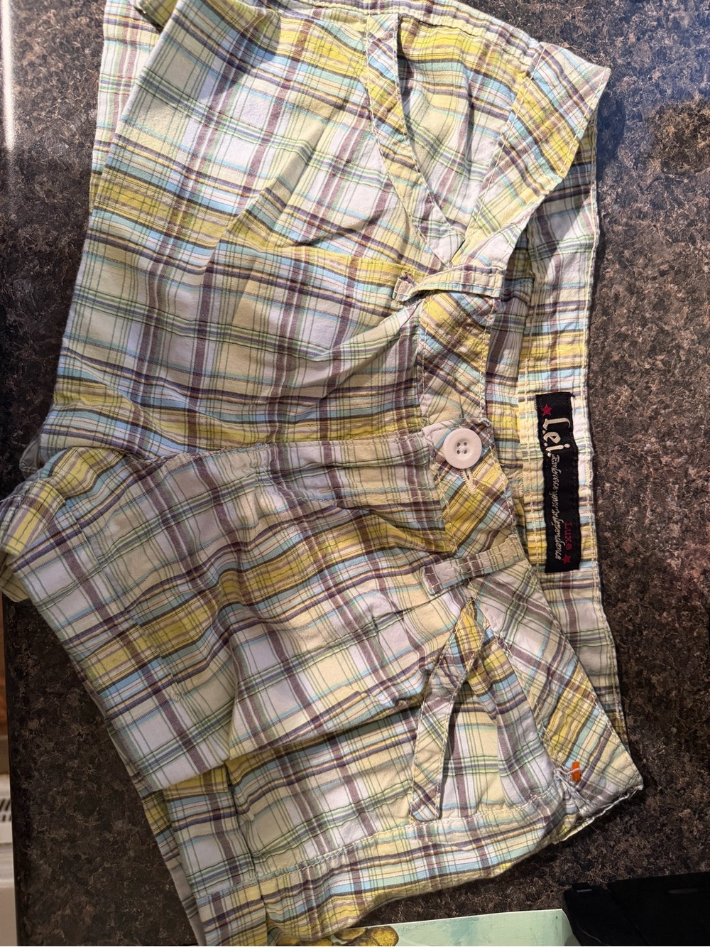 lei Women's Plaid Flat-Front Shorts in Yellow and Green